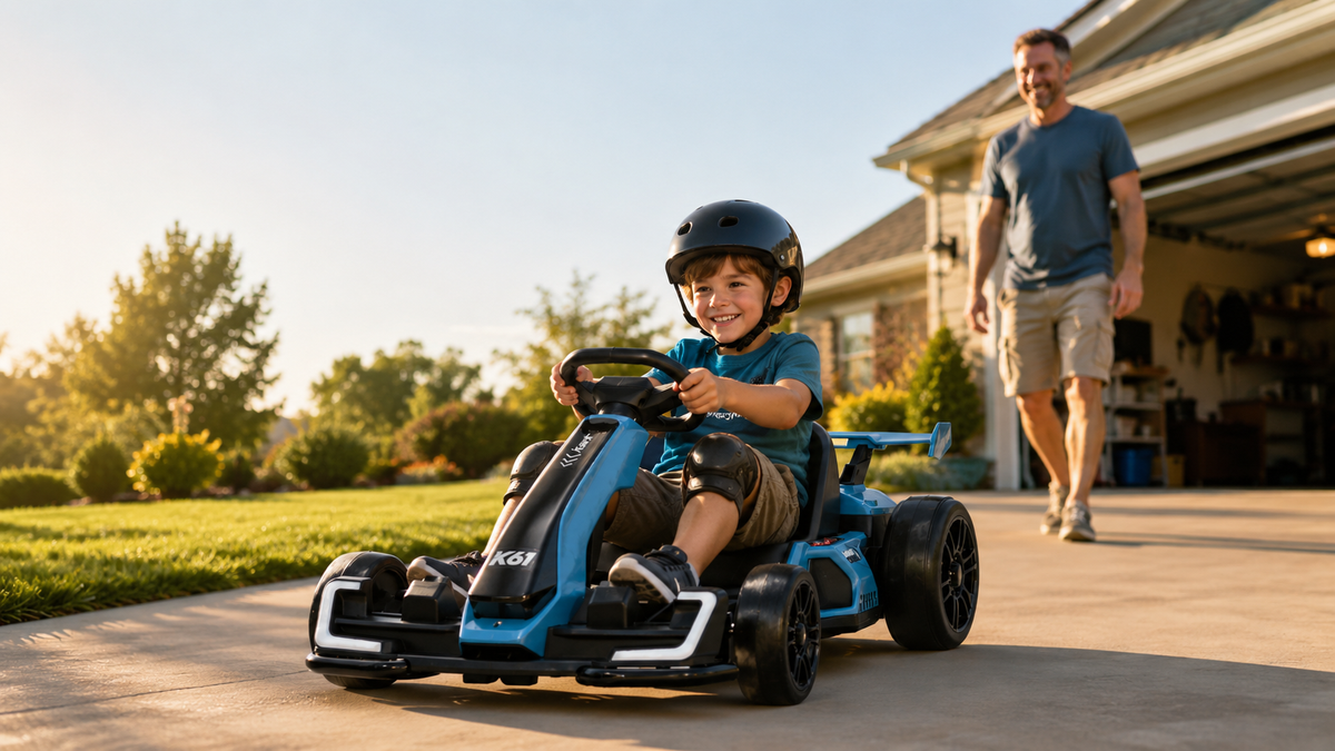 A child wearing a helmet safely driving a blue KerryYoo electric go-kart on a driveway with a parent supervising