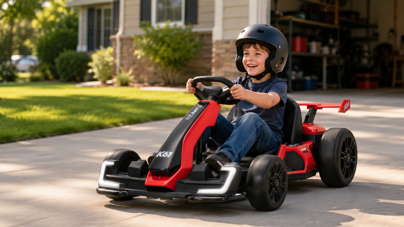 A smiling child in a helmet driving a red KerryYoo K61 electric go-kart on a sunny driveway