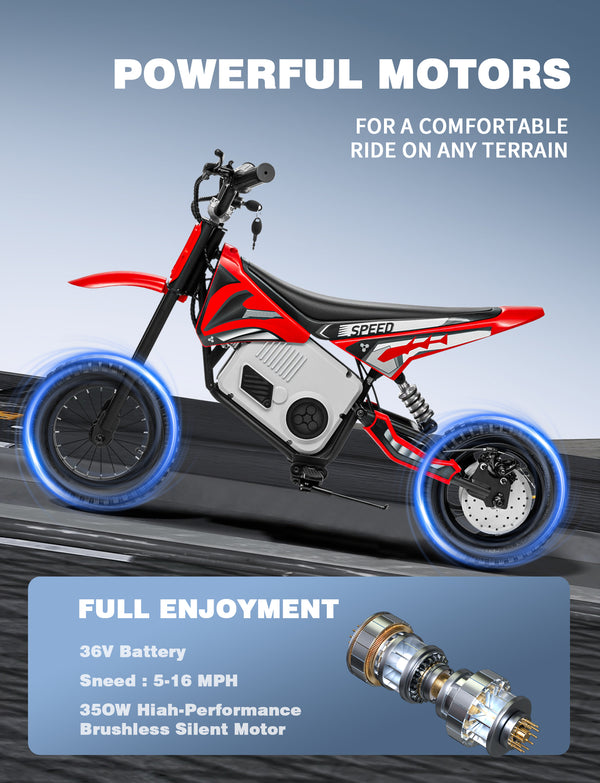 KerryYoo C11 36V 350W Electric Dirt Bike for Kids 8-14, Up to 16MPH Off-Road Electric Motorcycle with Explosion-Proof Tires, Twist Grip Throttle, Spring Suspension,Kids Ride On Dirtbike