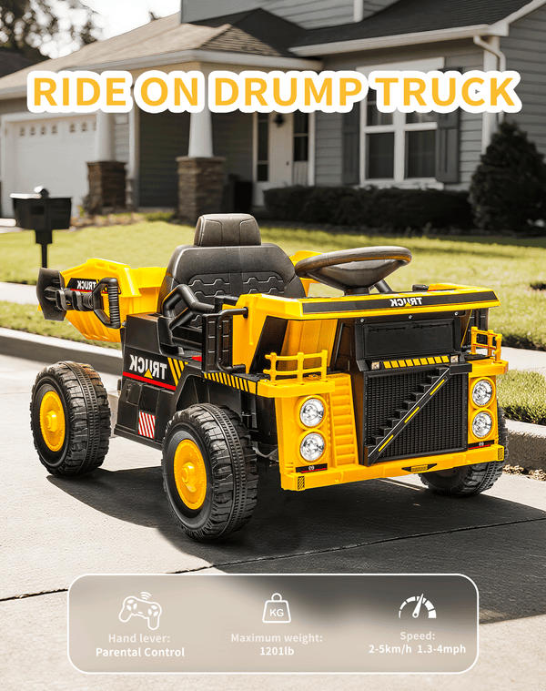 KerryYoo DT6 Ride on Dump Truck, Construction Vehicles Tractor Power Wheels Kids Electric Car Ride on Toys Excavator for Toddlers with Electric Dump Bed,Remote Control,Bluetooth,Music,Shovel