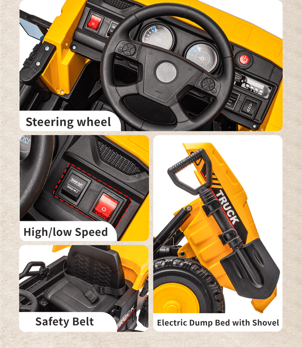 KerryYoo DT6 Ride on Dump Truck, Construction Vehicles Tractor Power Wheels Kids Electric Car Ride on Toys Excavator for Toddlers with Electric Dump Bed,Remote Control,Bluetooth,Music,Shovel