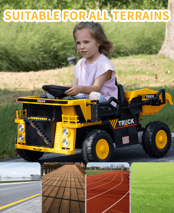 KerryYoo DT6 Ride on Dump Truck, Construction Vehicles Tractor Power Wheels Kids Electric Car Ride on Toys Excavator for Toddlers with Electric Dump Bed,Remote Control,Bluetooth,Music,Shovel