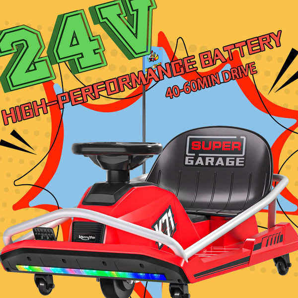KerryYoo K71 24V Drift Kart, Crazy Cart with 300W Brushless Motor, 12 mph, High/Low Speed Switch, 360° Drifting, Electric Go Kart for Kids Ages 6-12, 130 lbs Capacity