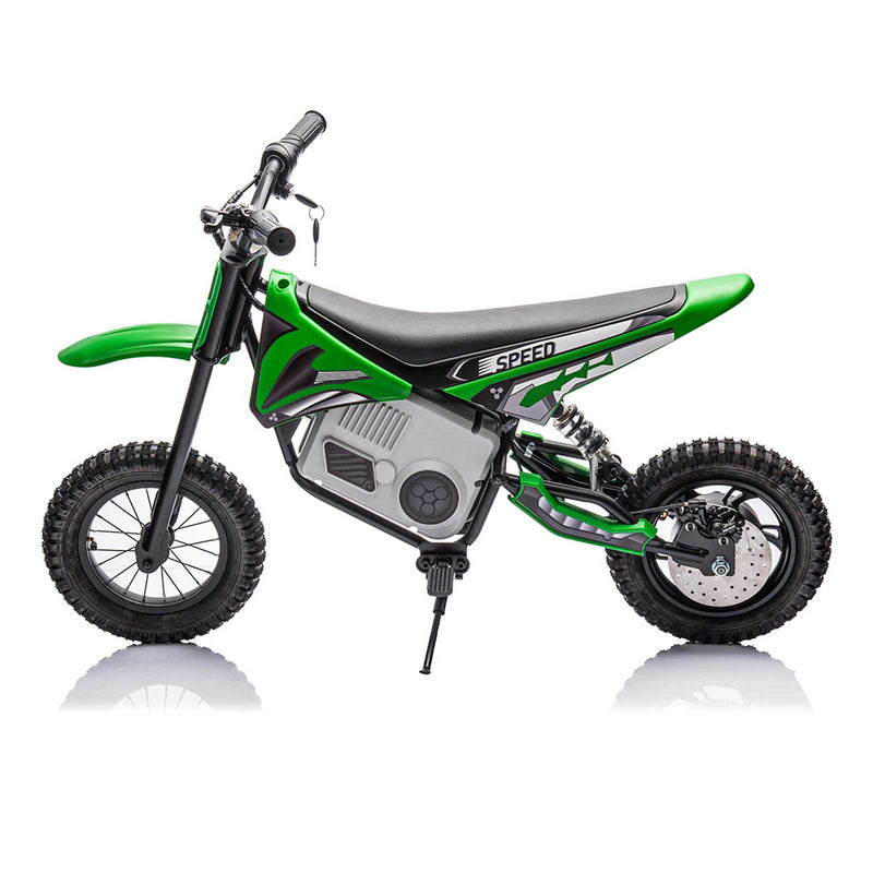 A green KerryYoo kids electric dirt bike shown in side profile