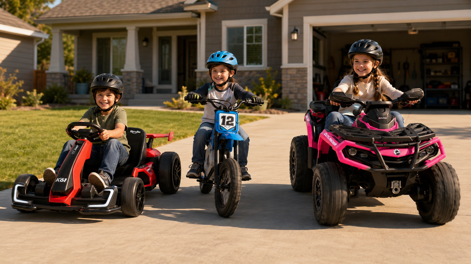 Three kids riding a KerryYoo K61 go-kart, C11 dirt bike, and Can-Am SAT5 ATV on a driveway