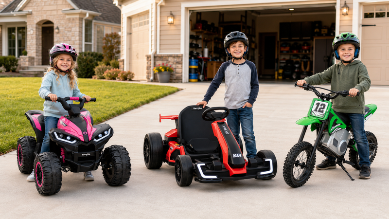 12V, 24V and 36V KerryYoo kids electric ride-ons lined up by power on a driveway