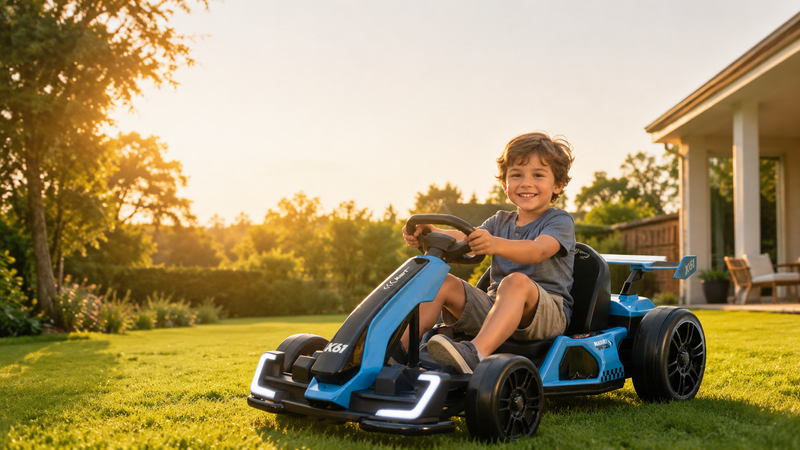 A happy child riding a blue KerryYoo electric go-kart outdoors on a sunny summer day