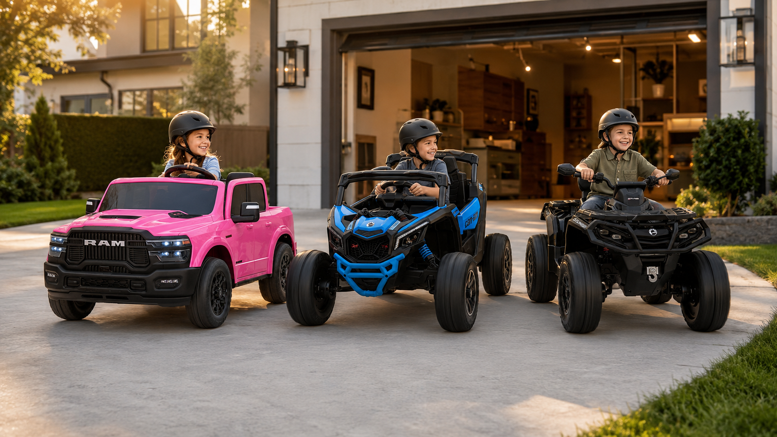 Three kids riding licensed KerryYoo ride-ons: Dodge RAM SQ7 truck, Can-Am SU5 UTV, and Can-Am SAT5 ATV on a driveway
