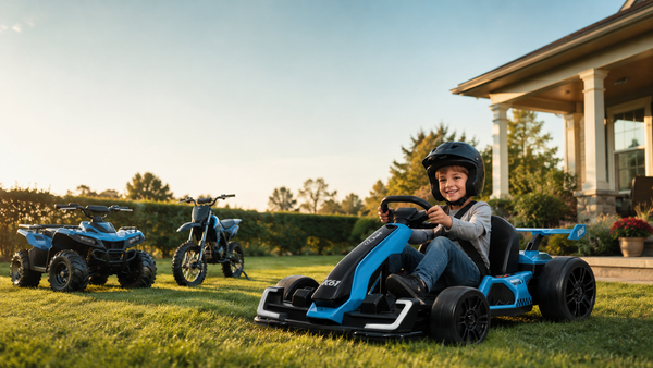 A child driving a blue KerryYoo electric go-kart with a kids ATV and dirt bike nearby in a sunny backyard