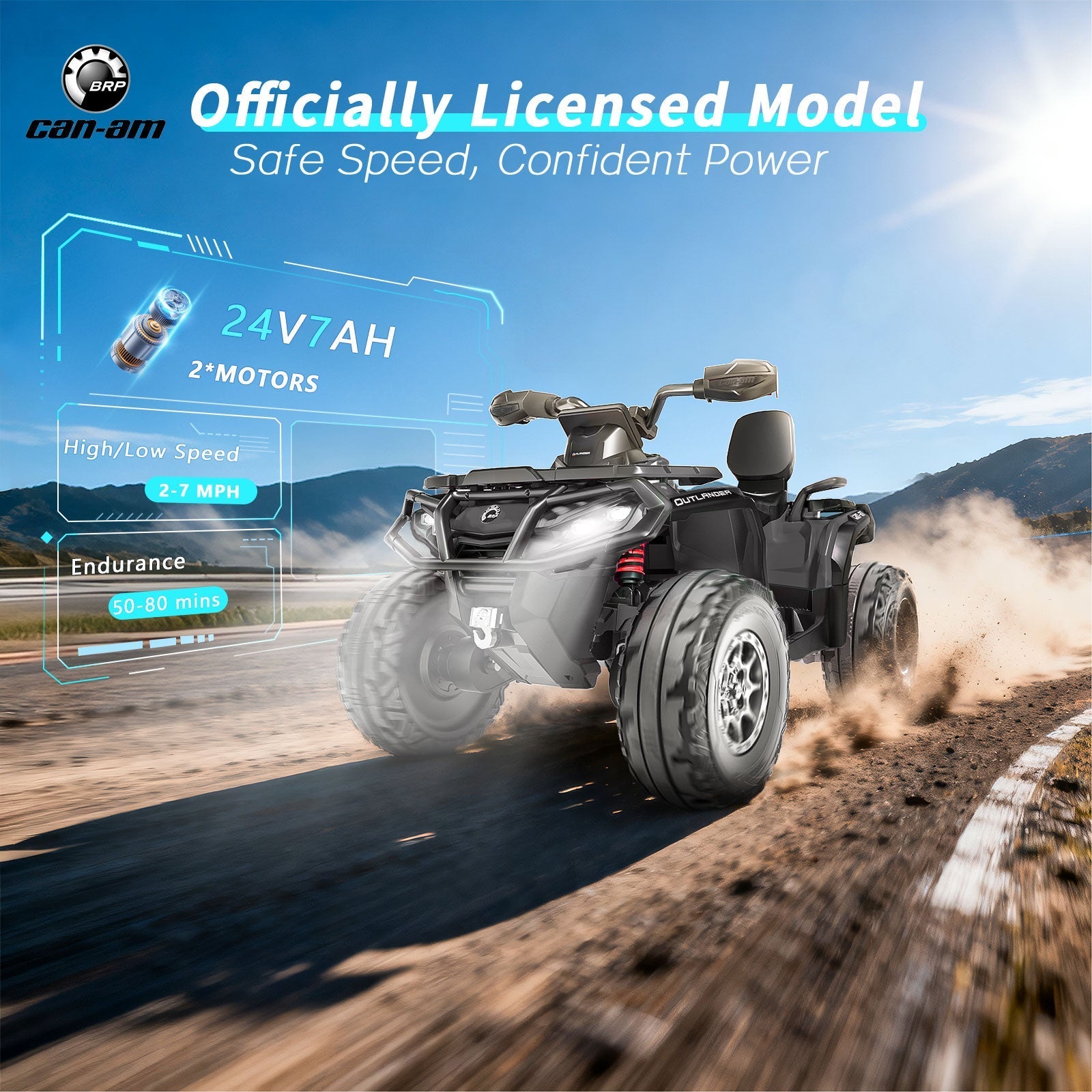 A black Can-Am licensed KerryYoo electric kids ATV riding on a dirt trail and kicking up dust