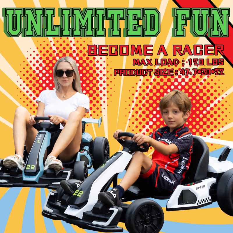 Two kids racing KerryYoo electric drift karts outdoors