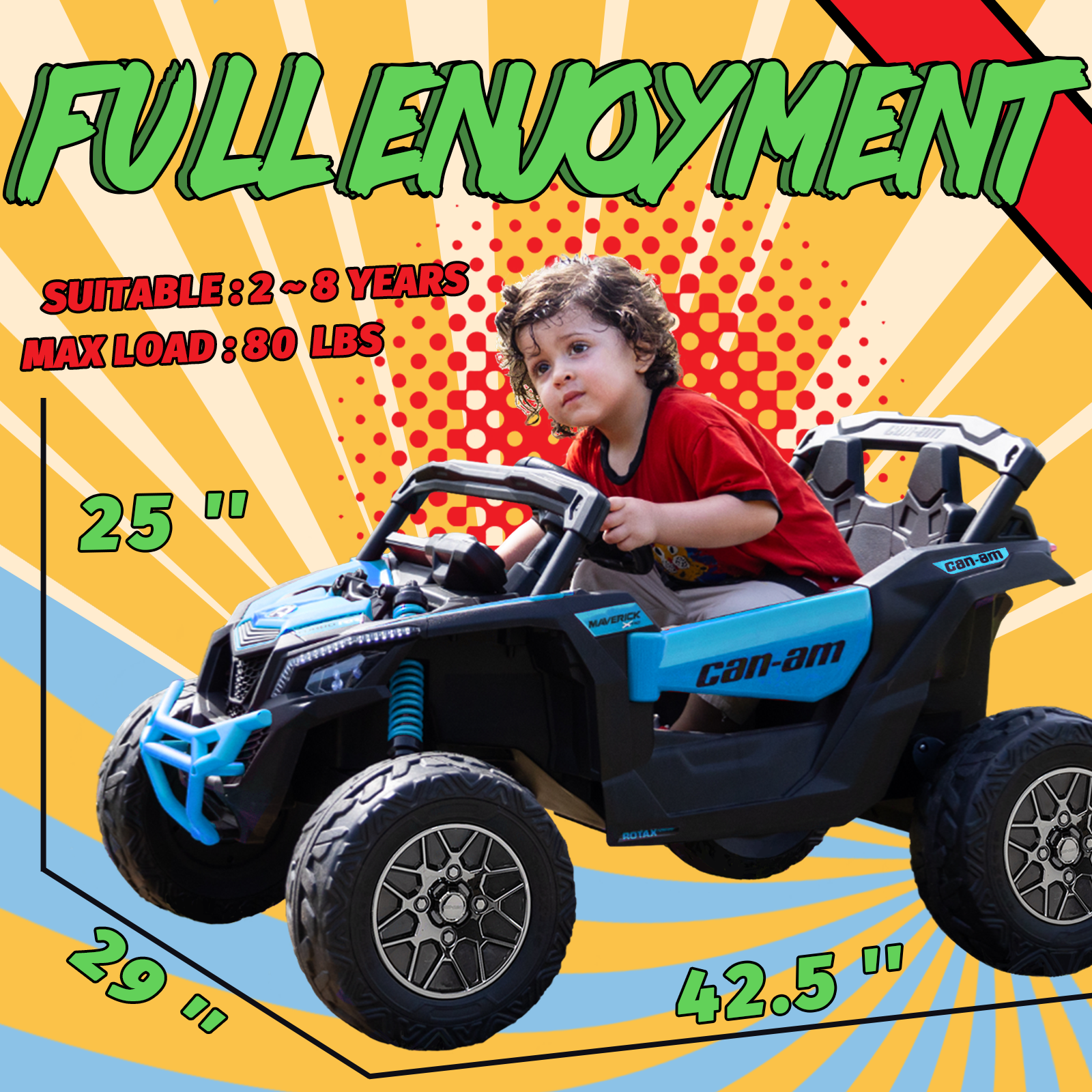 A young child sitting in a blue and black Can-Am licensed KerryYoo SU5 2-seater electric UTV for kids