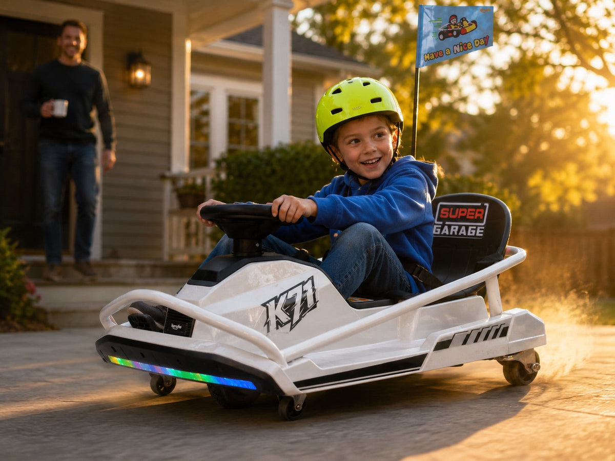 8 year old drifting a 24V electric go-kart on a driveway — ride on toys for 8 year olds