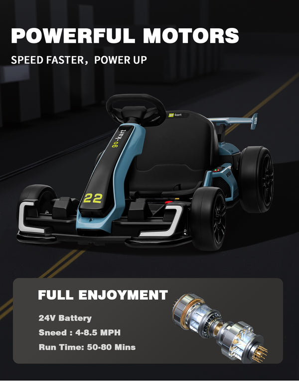 KerryYoo K61 Go Kart Electric Drift Kart with Length Adjustable Seat, 24V Outdoor Ride on Toy with 4 Speed Mode, Crazy Cart for Kids 6-12 Years Old, Fast 300W Motor, 8.5 MPH, Bluetooth