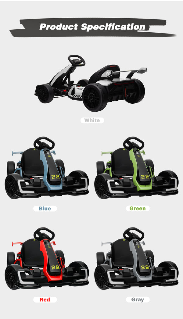 KerryYoo K61 Go Kart Electric Drift Kart with Length Adjustable Seat, 24V Outdoor Ride on Toy with 4 Speed Mode, Crazy Cart for Kids 6-12 Years Old, Fast 300W Motor, 8.5 MPH, Bluetooth