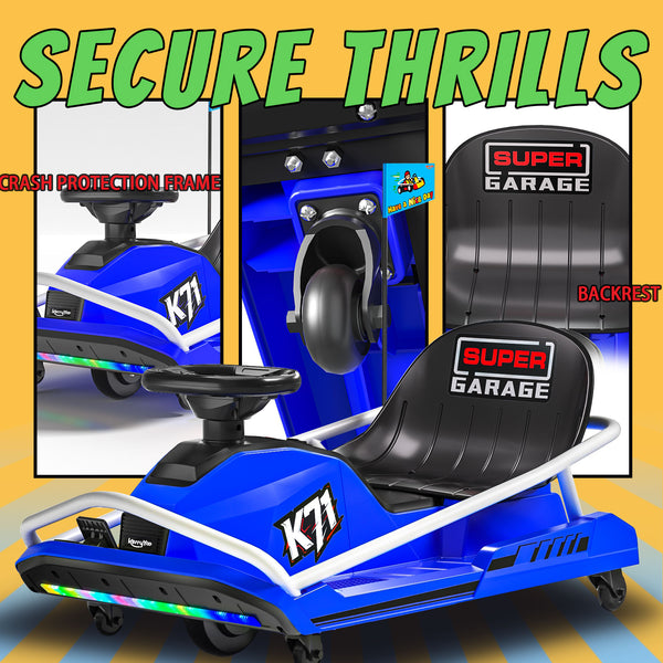 KerryYoo K71 24V Drift Kart, Crazy Cart with 300W Brushless Motor, 12 mph, High/Low Speed Switch, 360° Drifting, Electric Go Kart for Kids Ages 6-12, 130 lbs Capacity