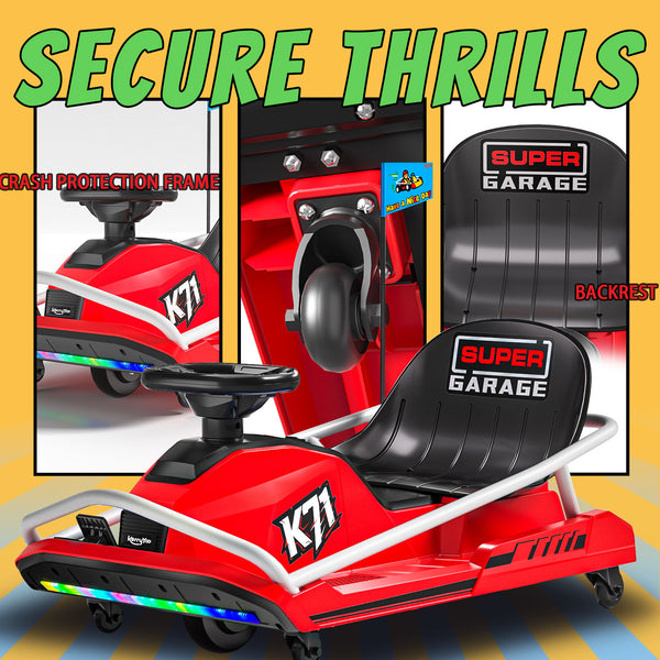 KerryYoo K71 24V Drift Kart, Crazy Cart with 300W Brushless Motor, 12 mph, High/Low Speed Switch, 360° Drifting, Electric Go Kart for Kids Ages 6-12, 130 lbs Capacity