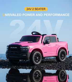 KerryYoo SQ7 2 Seater 24V Ride on Toys for Big Kids, Licensed RAM Kids Electric Truck Car with Remote Control, Storage Bed,1.9-4.4 MPH, Seat Belts - Electric Truck for kids