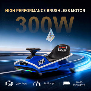 KerryYoo K71 24V Drift Kart, Crazy Cart with 300W Brushless Motor, 12 mph, High/Low Speed Switch, 360° Drifting, Electric Go Kart for Kids Ages 6-12, 130 lbs Capacity - Electric Drift Kart for kids