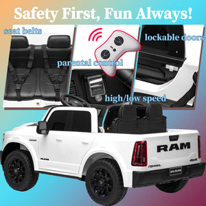 KerryYoo SQ7 2 Seater 24V Ride on Toys for Big Kids, Licensed RAM Kids Electric Truck Car with Remote Control, Storage Bed,1.9-4.4 MPH, Seat Belts - Electric Truck for kids
